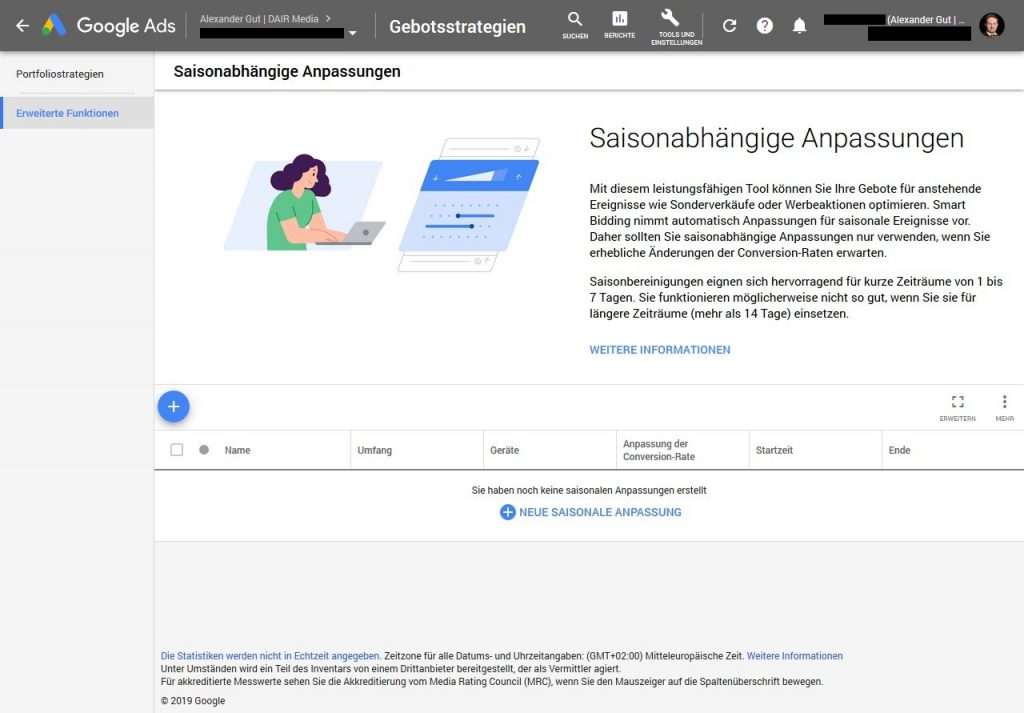 Google Ads Seasonality Adjustment in der Web-UI